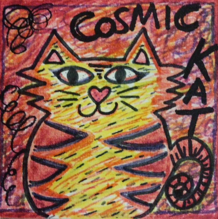 A colourful cartoonish cat drawing. Yellow with pink stripes and orange tipped ears on a scribbly pink background with the word "Cosmic" at the top and "Kat" on the right in bold black hand drawn lettering.